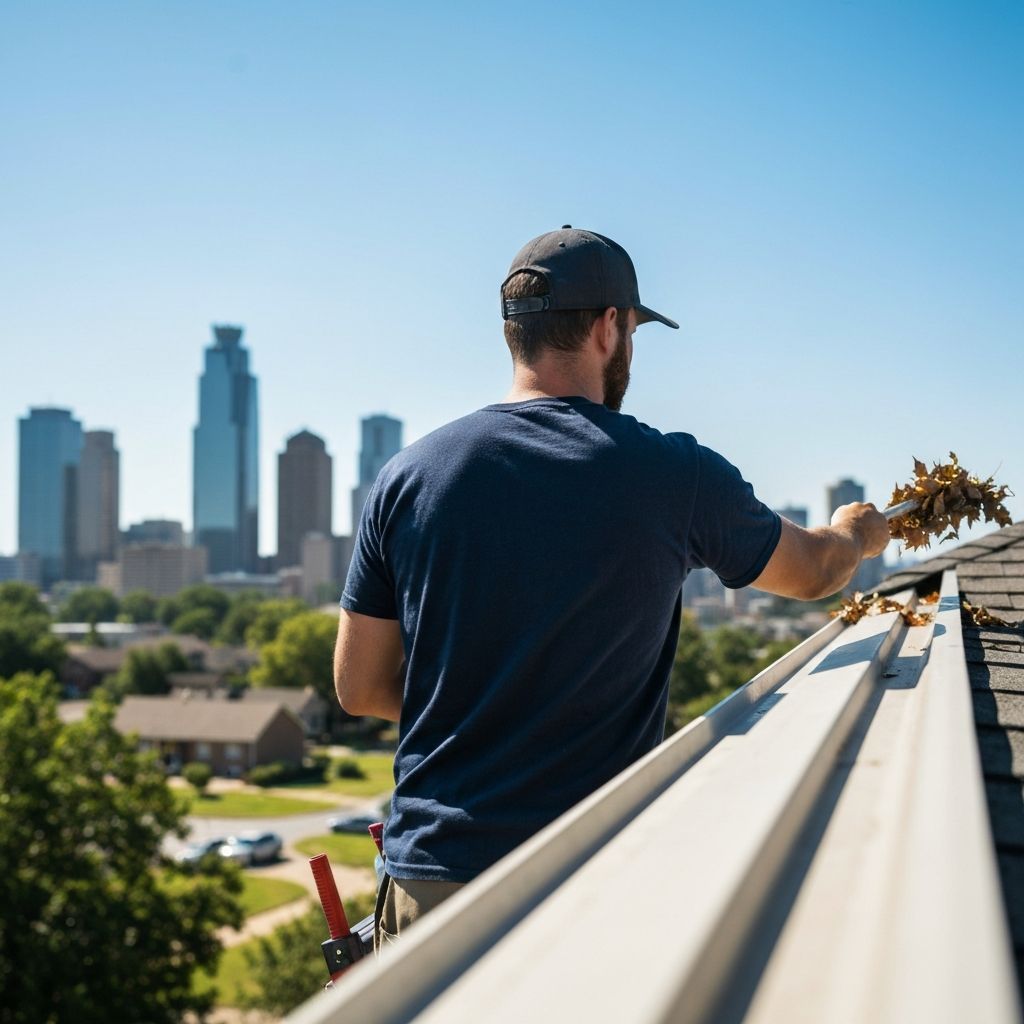 Professional gutter cleaning worker on a roof with Oklahoma City skyline