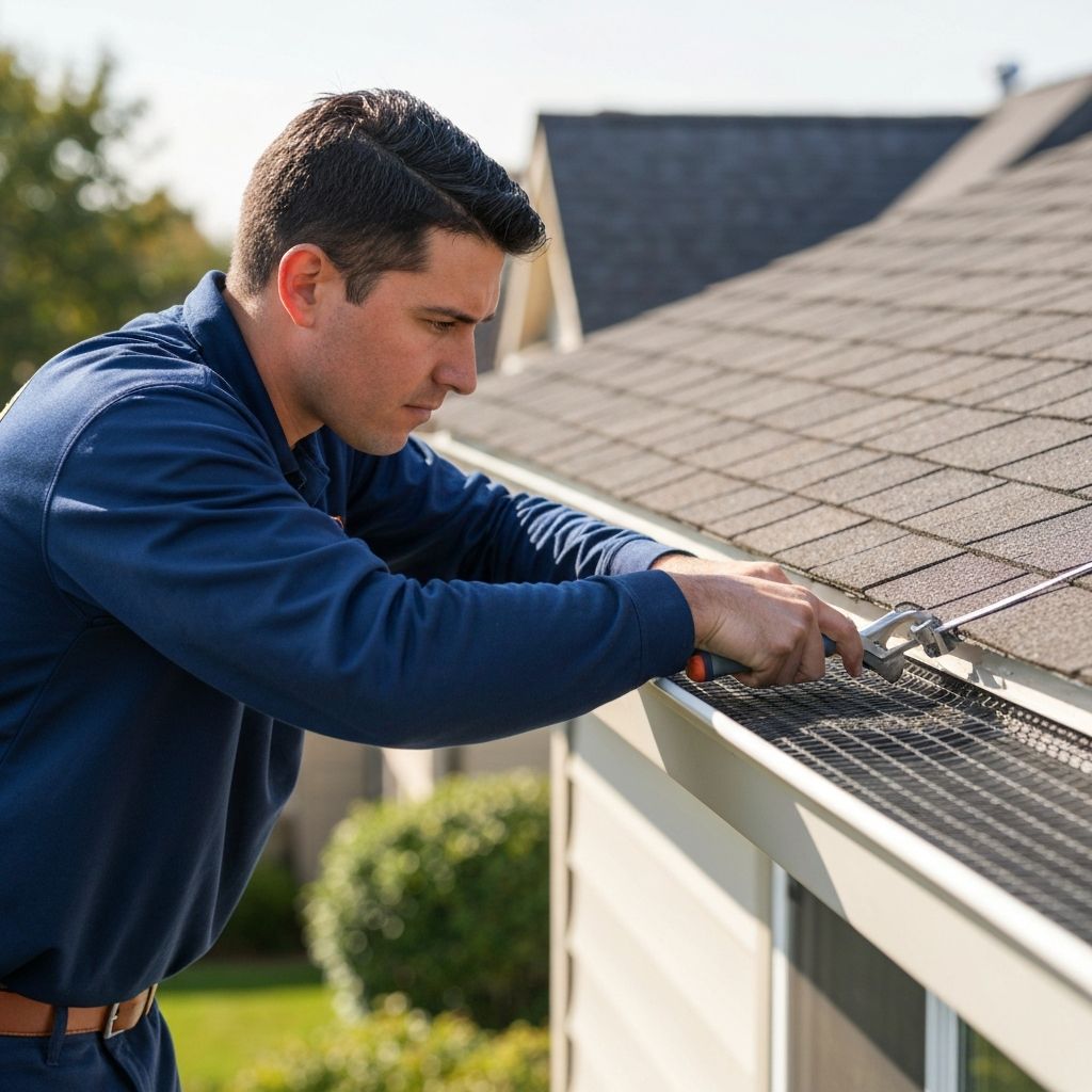 Gutter guard installation - professional worker installing gutter protection